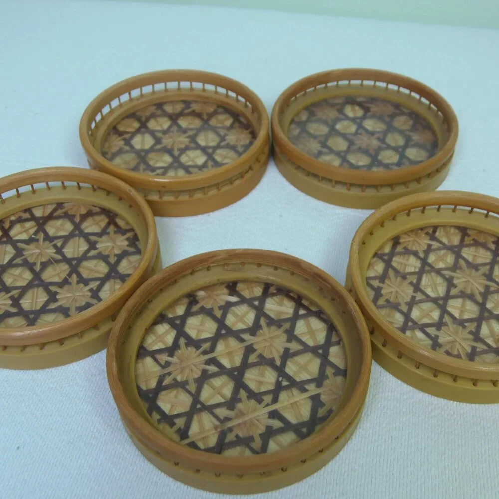 Bamboo Woven Rattan Coaster Set of 5 Boho Hippie MCM Style Decor   Looking for s
